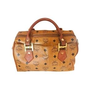 MCM Monogram Canvas Leather‎ Trim Boston Speedy Bag Brown Gold Vintage Luxury